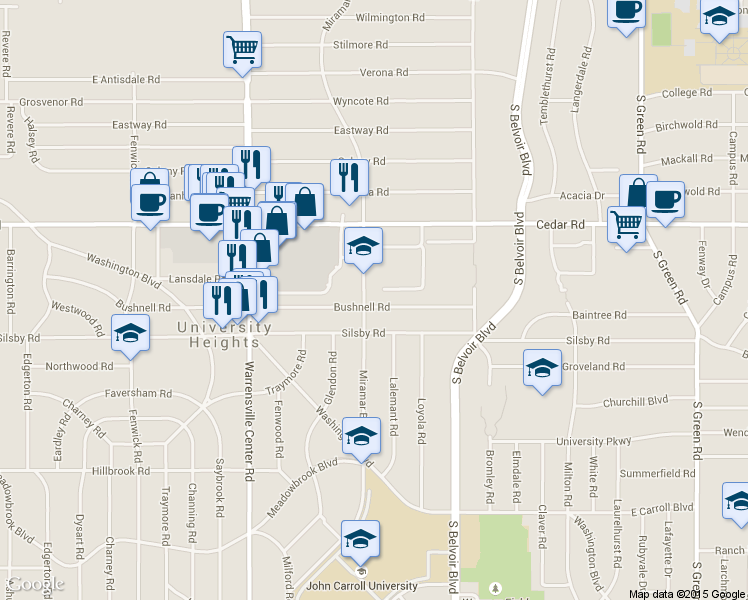 map of restaurants, bars, coffee shops, grocery stores, and more near 4141 Bushnell Road in University Heights