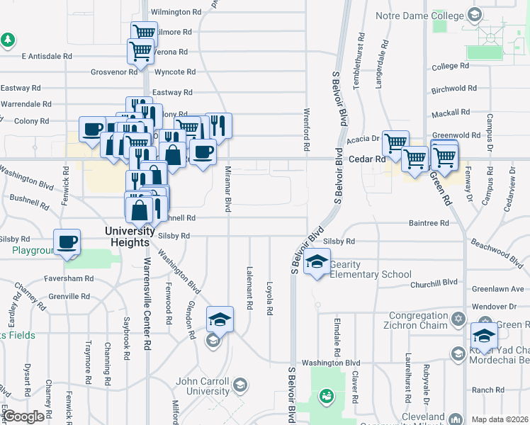 map of restaurants, bars, coffee shops, grocery stores, and more near 4181 Bushnell Road in University Heights