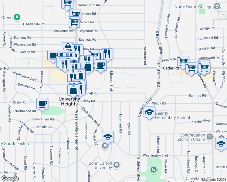 map of restaurants, bars, coffee shops, grocery stores, and more near 4141 Bushnell Road in University Heights