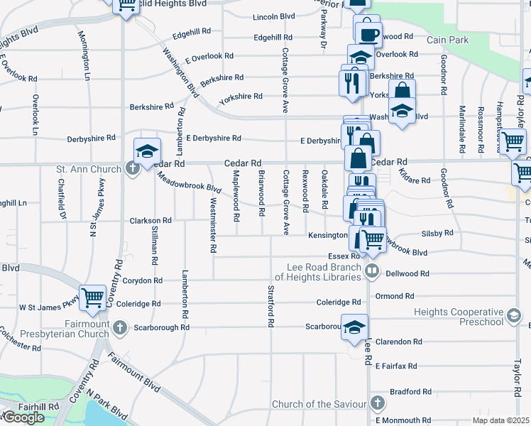map of restaurants, bars, coffee shops, grocery stores, and more near 3024 Meadowbrook Boulevard in Cleveland Heights