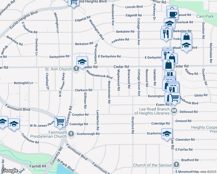 map of restaurants, bars, coffee shops, grocery stores, and more near 2222 Westminster Rd in Cleveland Heights