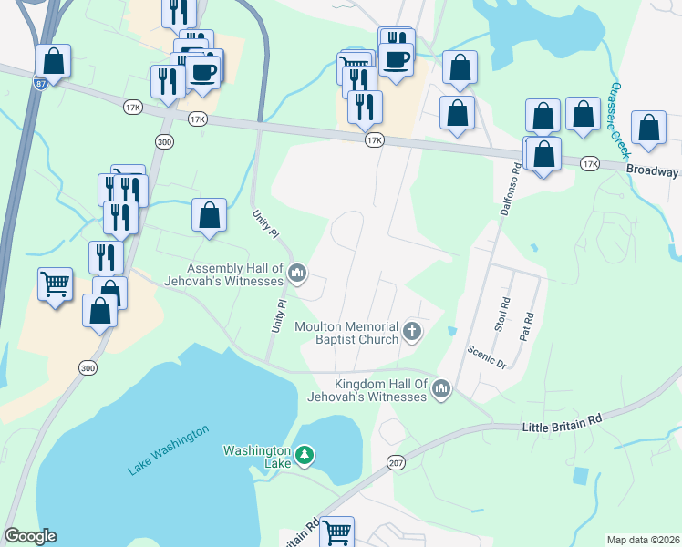 map of restaurants, bars, coffee shops, grocery stores, and more near 15 Lakeview Drive in Newburgh