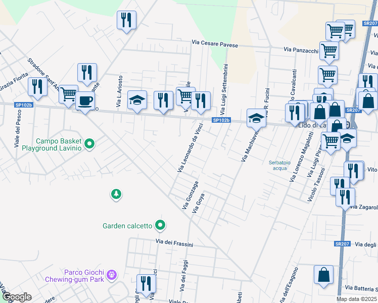 map of restaurants, bars, coffee shops, grocery stores, and more near 17A Via Leonardo da Vinci in Anzio