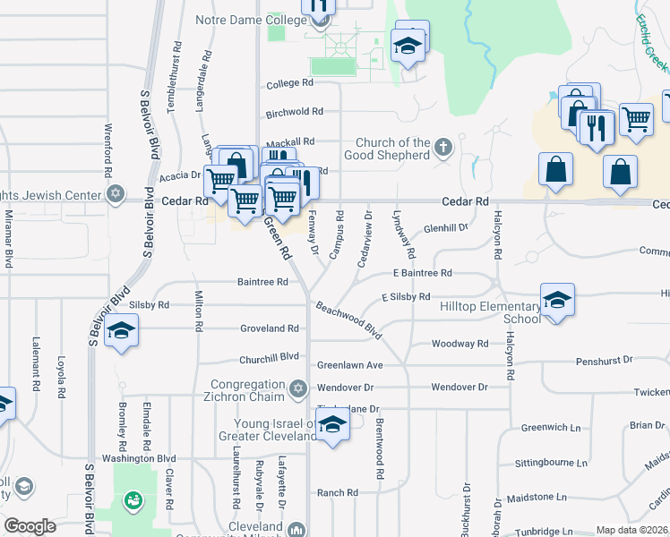 map of restaurants, bars, coffee shops, grocery stores, and more near 2183 Campus Road in Beachwood