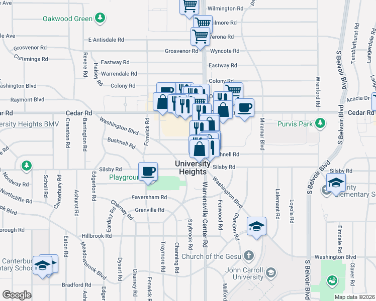 map of restaurants, bars, coffee shops, grocery stores, and more near 2230 Warrensville Center Road in University Heights