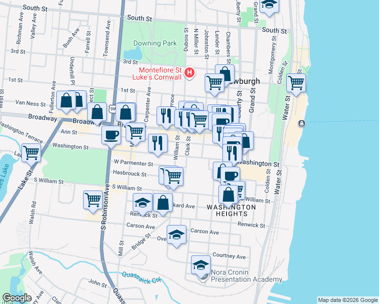 map of restaurants, bars, coffee shops, grocery stores, and more near 27 Clark Street in Newburgh
