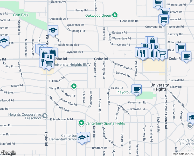 map of restaurants, bars, coffee shops, grocery stores, and more near 2231 Cranston Road in University Heights