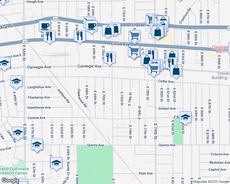 map of restaurants, bars, coffee shops, grocery stores, and more near 2199 East 71st Street in Cleveland