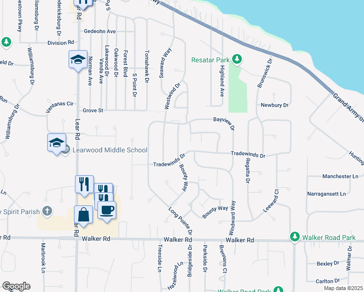 map of restaurants, bars, coffee shops, grocery stores, and more near 341 Bounty Way in Avon Lake