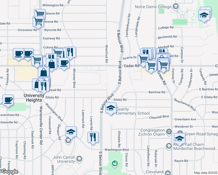 map of restaurants, bars, coffee shops, grocery stores, and more near 2231 Wrenford Road in University Heights