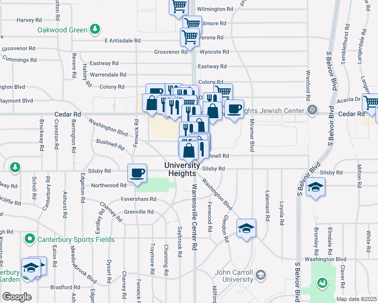 map of restaurants, bars, coffee shops, grocery stores, and more near 2230 Warrensville Center Road in University Heights