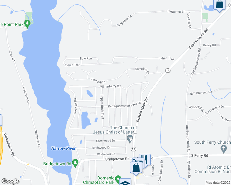 map of restaurants, bars, coffee shops, grocery stores, and more near 65 Meadow Sweet Trail in Narragansett