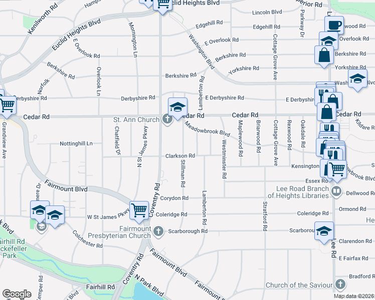 map of restaurants, bars, coffee shops, grocery stores, and more near 2225 Stillman Road in Cleveland Heights