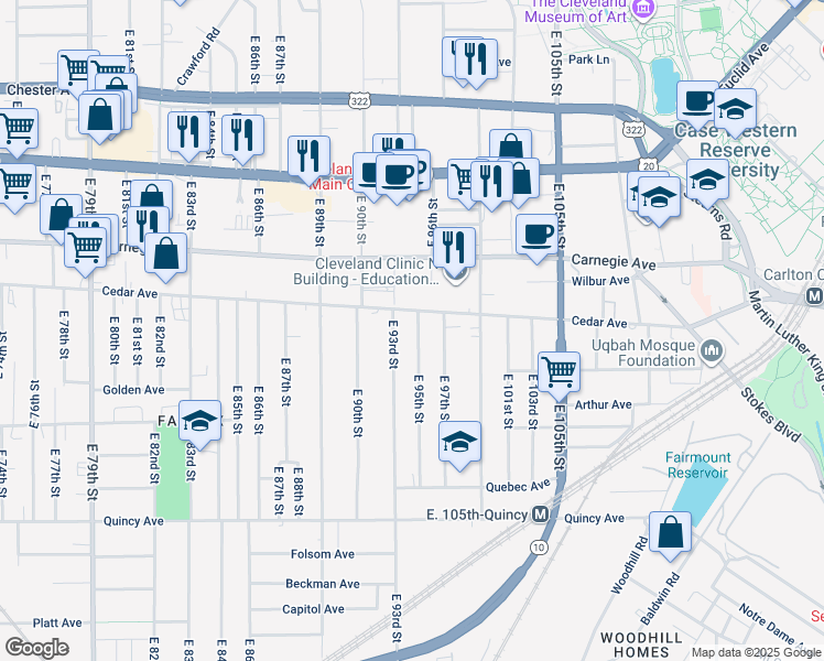 map of restaurants, bars, coffee shops, grocery stores, and more near 2176 East 95th Street in Cleveland