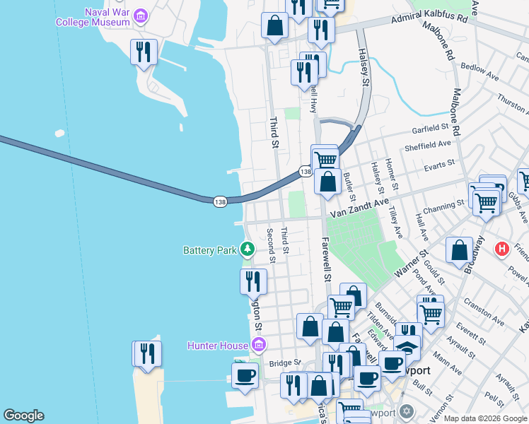 map of restaurants, bars, coffee shops, grocery stores, and more near 108 Second Street in Newport