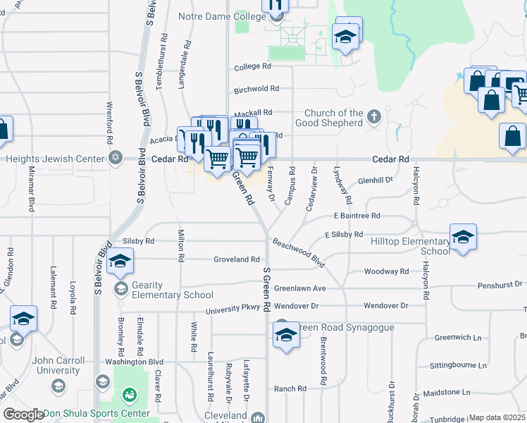 map of restaurants, bars, coffee shops, grocery stores, and more near 2231 South Green Road in Cleveland