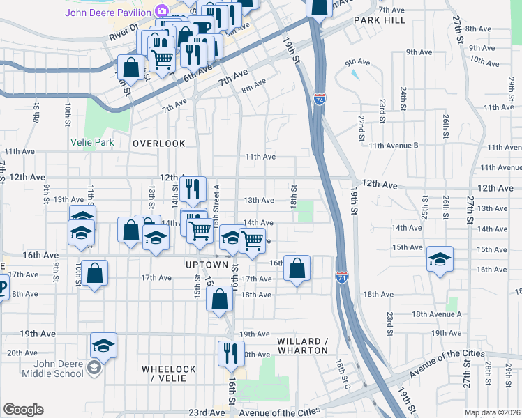 map of restaurants, bars, coffee shops, grocery stores, and more near 1712 13th Avenue in Moline