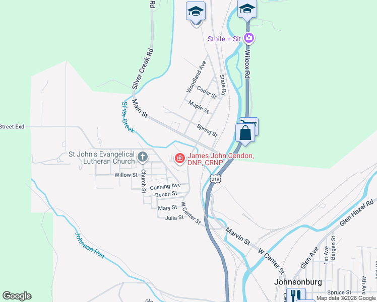 map of restaurants, bars, coffee shops, grocery stores, and more near 121 Clarion Road in Johnsonburg
