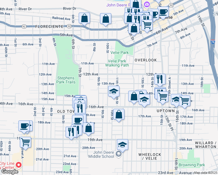 map of restaurants, bars, coffee shops, grocery stores, and more near 1310 10th Street in Moline