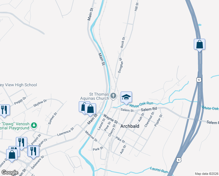 map of restaurants, bars, coffee shops, grocery stores, and more near 601 Main Street in Jermyn