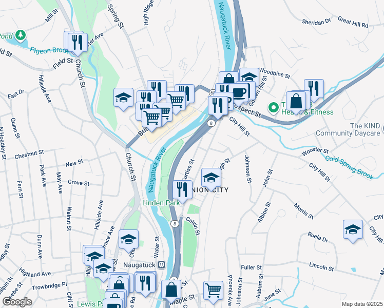 map of restaurants, bars, coffee shops, grocery stores, and more near 118 Curtiss Street in Naugatuck