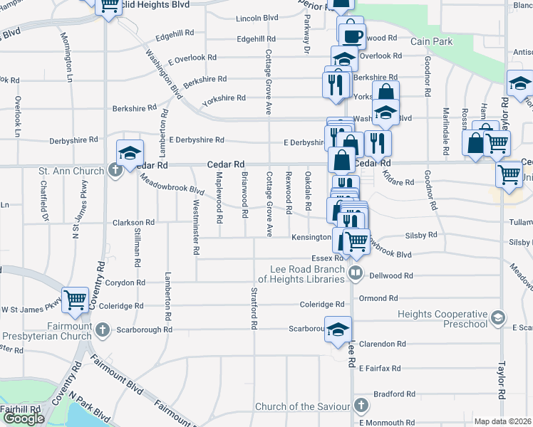map of restaurants, bars, coffee shops, grocery stores, and more near 3052 Meadowbrook Boulevard in Cleveland Heights