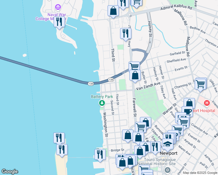 map of restaurants, bars, coffee shops, grocery stores, and more near 108 2nd Street in Newport