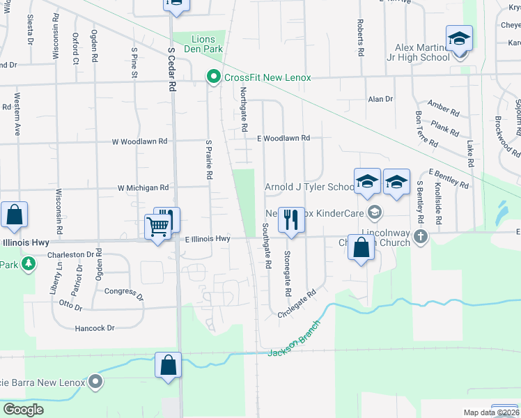 map of restaurants, bars, coffee shops, grocery stores, and more near 905 Southgate Road in New Lenox