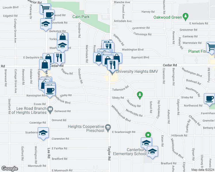map of restaurants, bars, coffee shops, grocery stores, and more near 2228 South Taylor Road in Cleveland Heights