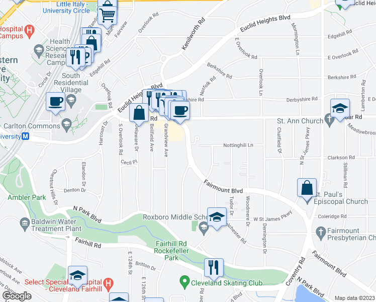 map of restaurants, bars, coffee shops, grocery stores, and more near 2497 Fairmount Boulevard in Cleveland Heights
