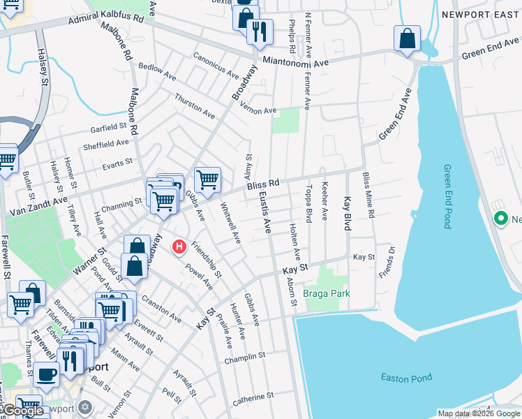 map of restaurants, bars, coffee shops, grocery stores, and more near 19 Eustis Avenue in Newport