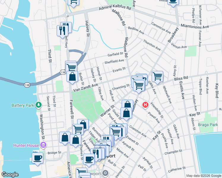 map of restaurants, bars, coffee shops, grocery stores, and more near 30 Hall Avenue in Newport