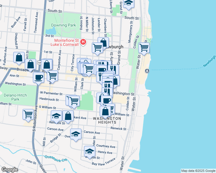map of restaurants, bars, coffee shops, grocery stores, and more near 119 Broadway in Newburgh