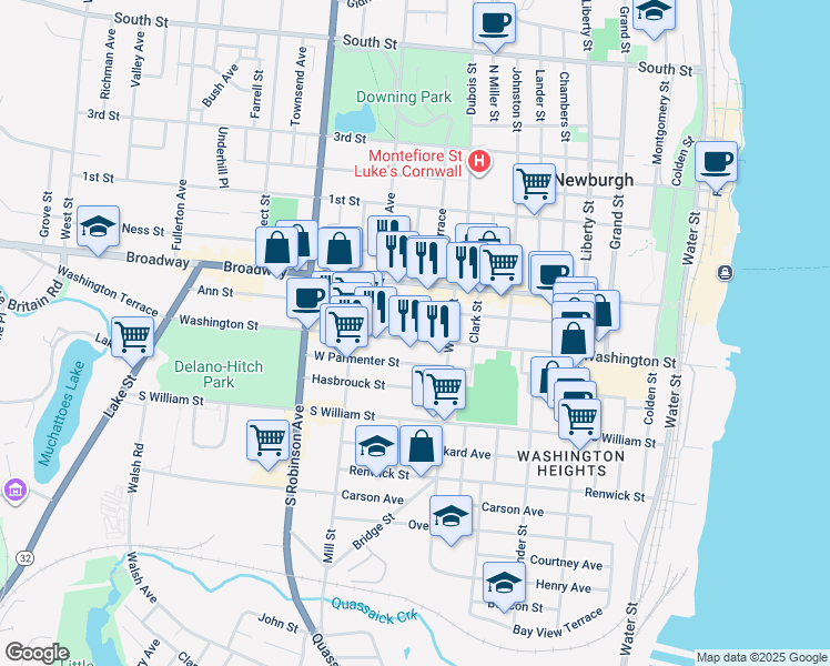 map of restaurants, bars, coffee shops, grocery stores, and more near 226 Washington Street in Newburgh