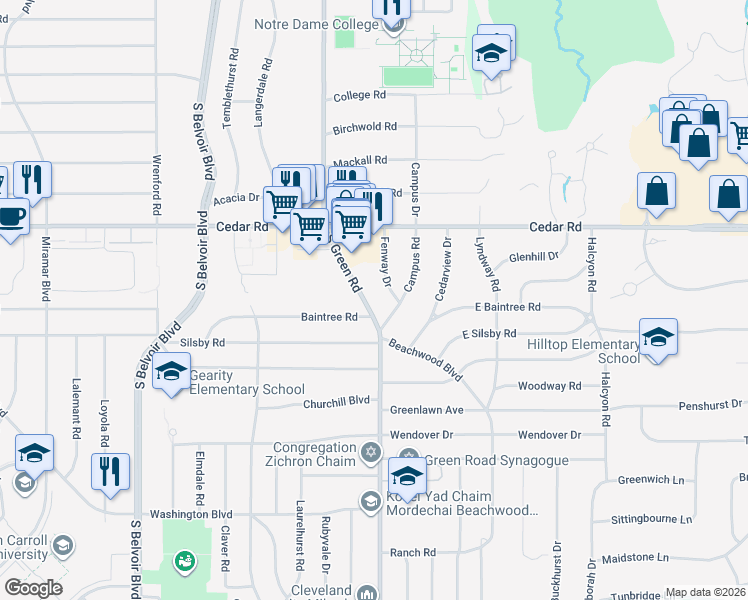 map of restaurants, bars, coffee shops, grocery stores, and more near 2231 South Green Road in Cleveland