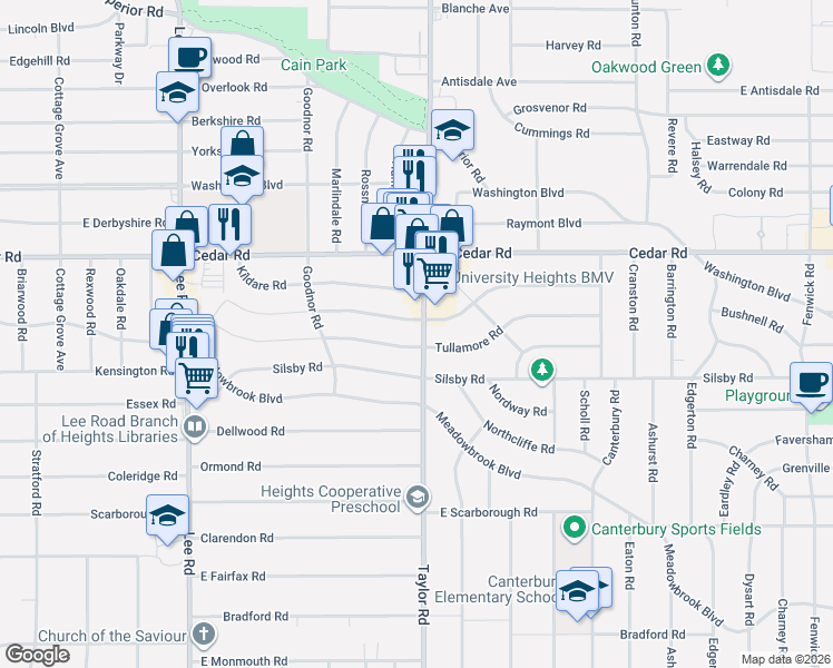 map of restaurants, bars, coffee shops, grocery stores, and more near 2228 South Taylor Road in Cleveland Heights