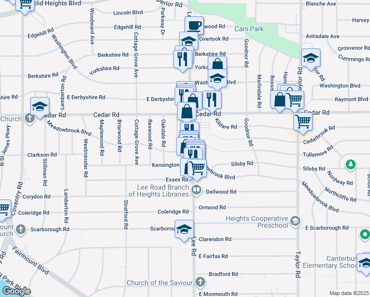 map of restaurants, bars, coffee shops, grocery stores, and more near 2230 Lee Road in Cleveland Heights