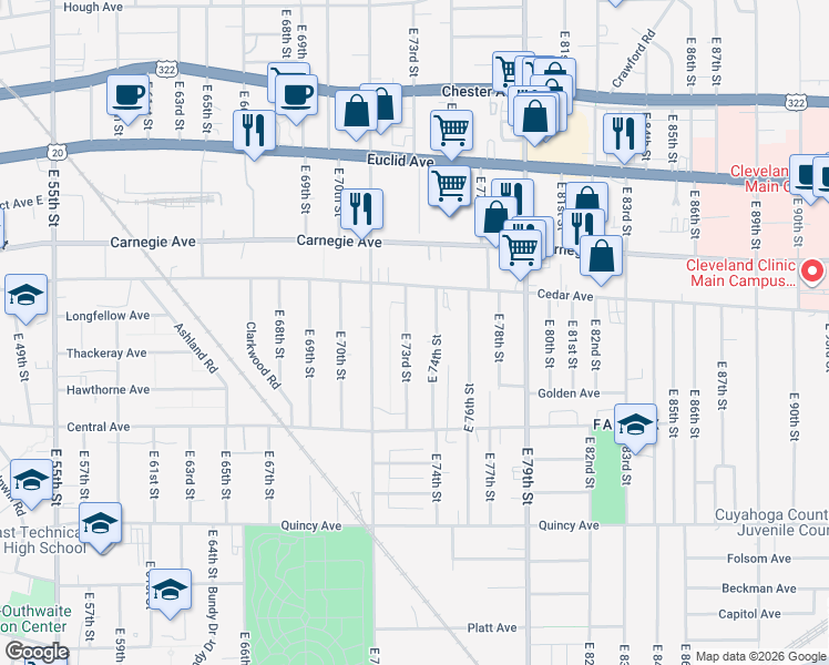 map of restaurants, bars, coffee shops, grocery stores, and more near 2188 East 74th Street in Cleveland