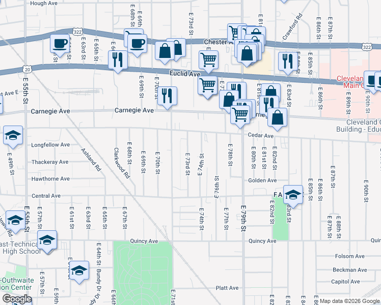 map of restaurants, bars, coffee shops, grocery stores, and more near 2188 East 74th Street in Cleveland