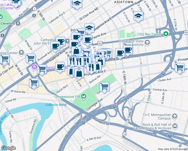 map of restaurants, bars, coffee shops, grocery stores, and more near 1010 Prospect Avenue East in Cleveland