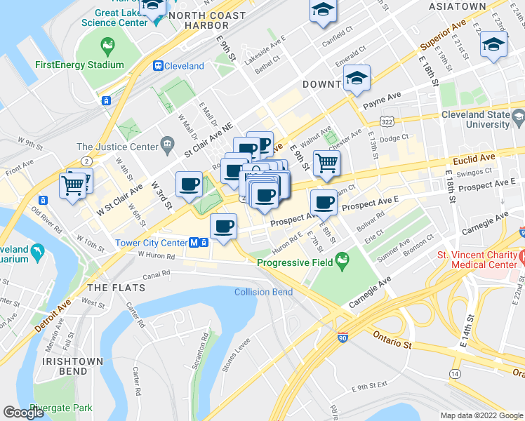 map of restaurants, bars, coffee shops, grocery stores, and more near 2051 East 4th Street in Cleveland