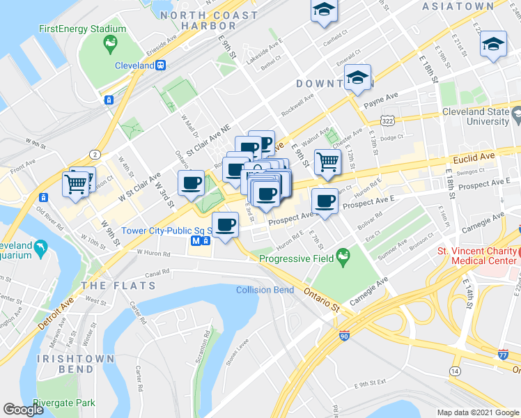 map of restaurants, bars, coffee shops, grocery stores, and more near 2051 East 4th Street in Cleveland