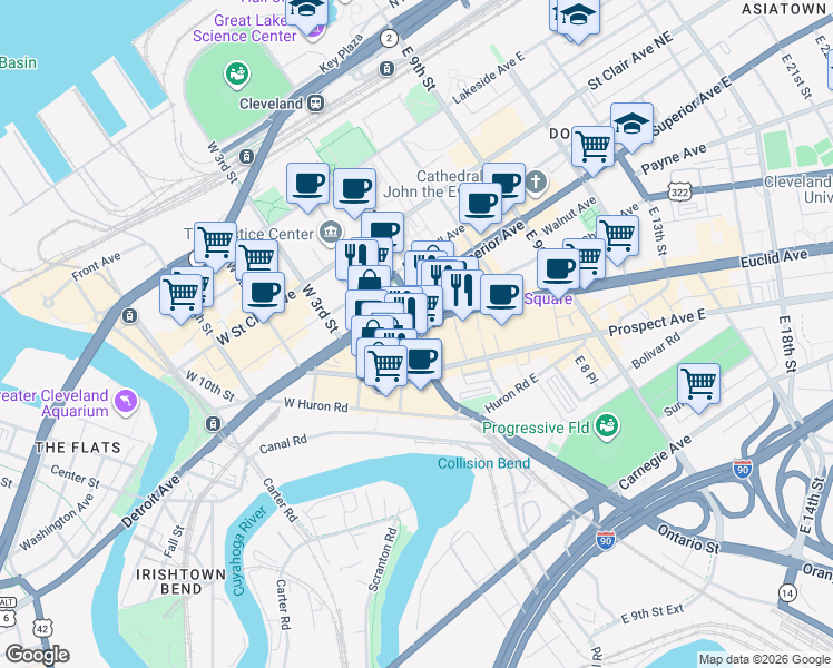 map of restaurants, bars, coffee shops, grocery stores, and more near 140 Public Square in Cleveland