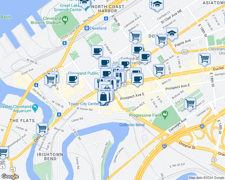 map of restaurants, bars, coffee shops, grocery stores, and more near 140 Public Square in Cleveland