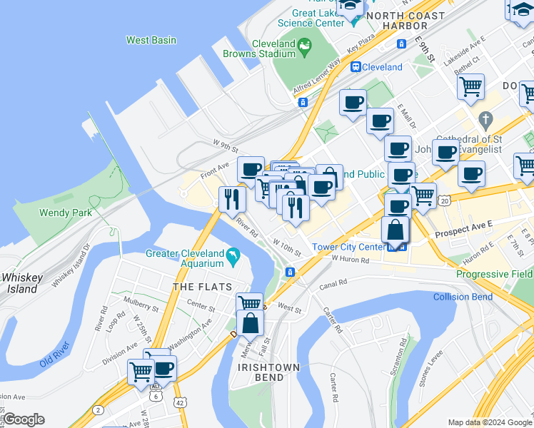 map of restaurants, bars, coffee shops, grocery stores, and more near 1278 West 9th Street in Cleveland