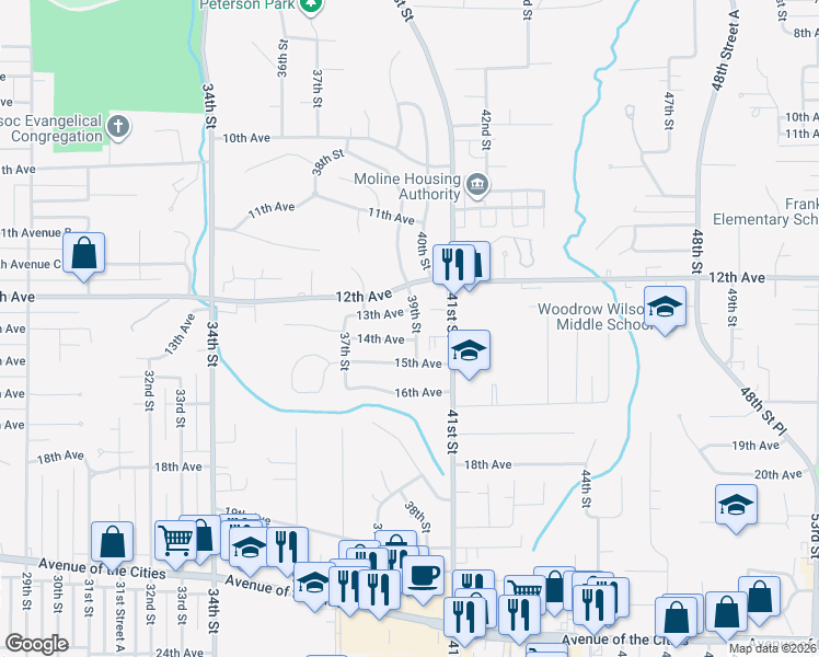 map of restaurants, bars, coffee shops, grocery stores, and more near 1311 39th Street in Moline