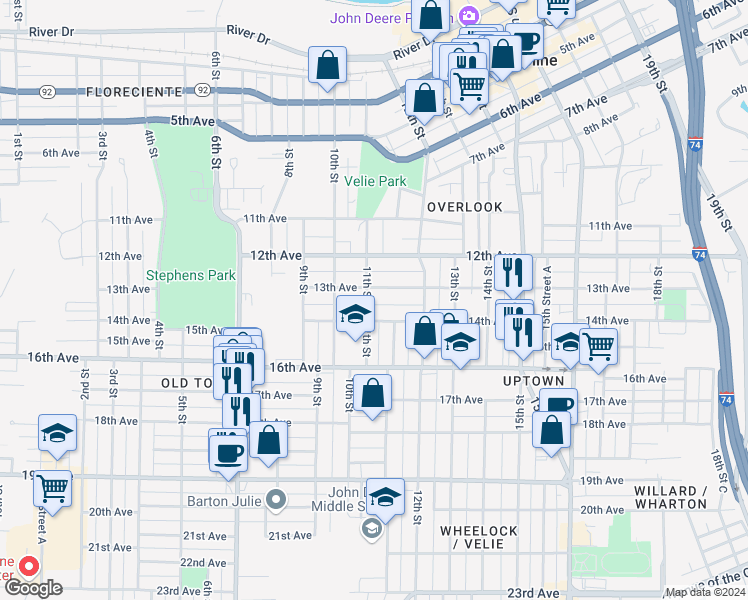 map of restaurants, bars, coffee shops, grocery stores, and more near 1314 11th Street in Moline