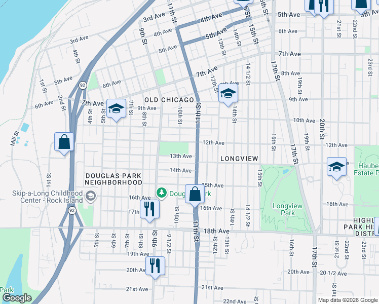 map of restaurants, bars, coffee shops, grocery stores, and more near 1019 13th Ave in Rock Island