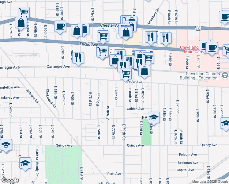 map of restaurants, bars, coffee shops, grocery stores, and more near 2190 East 78th Street in Cleveland