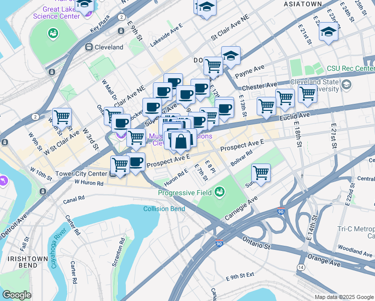 map of restaurants, bars, coffee shops, grocery stores, and more near 668 Prospect Avenue East in Cleveland